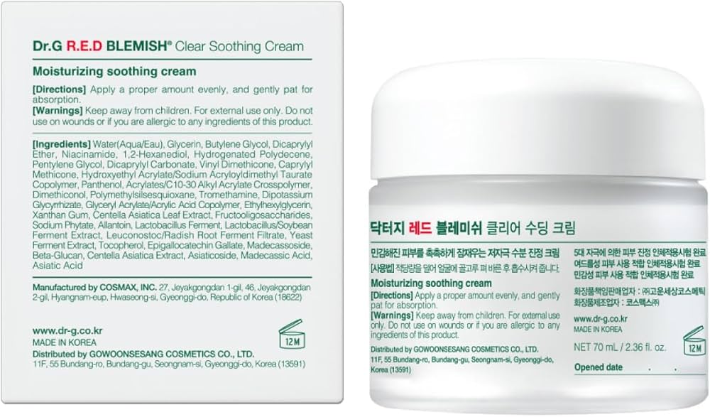 Dr. G R.E.D. Blemish Clear Soothing Cream - Calming Korean Moisturizer for Redness - Soothes Acne & Irritation - With Centella Asiatica - Long-Lasting Hydration - 2.36 fl oz
