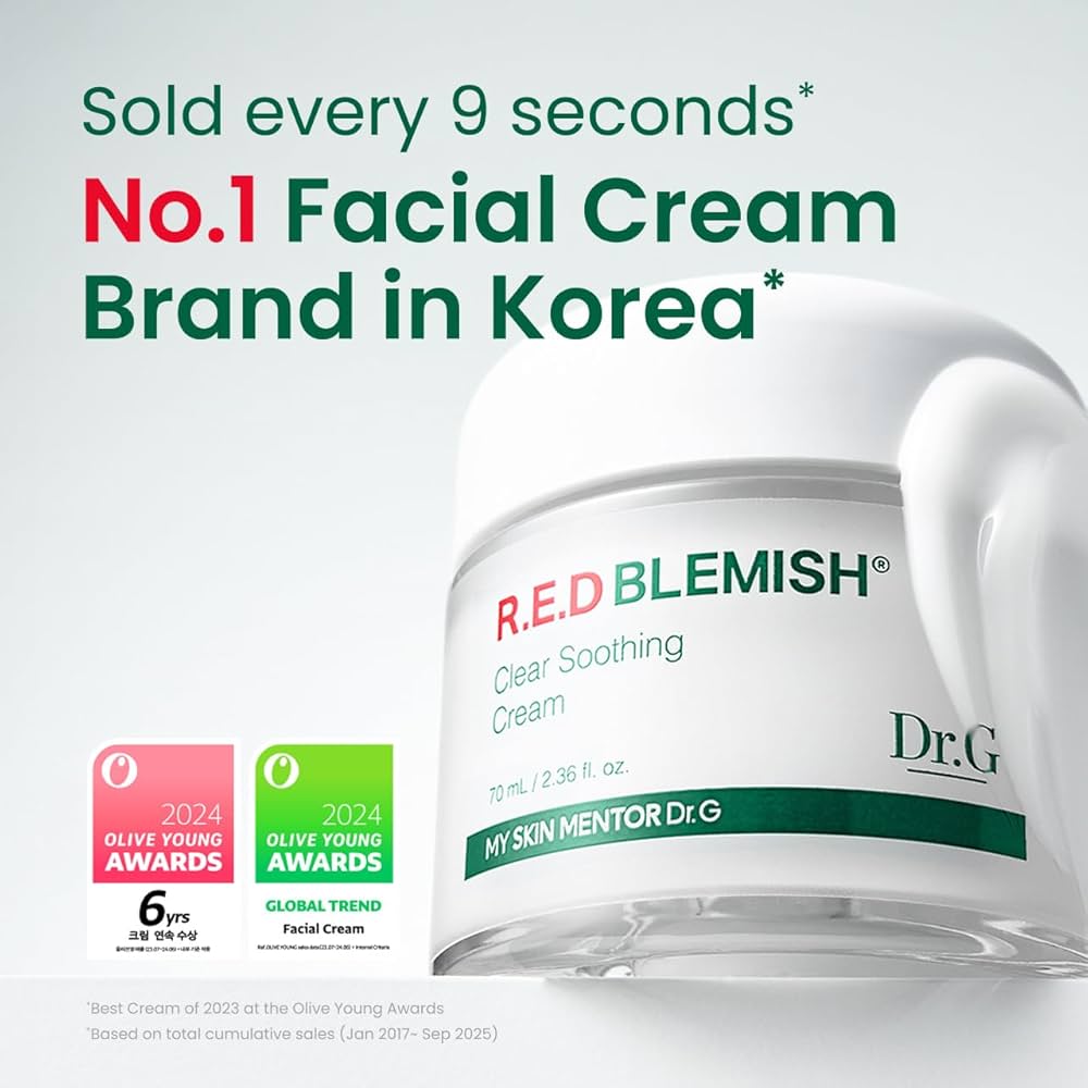 Dr. G R.E.D. Blemish Clear Soothing Cream - Calming Korean Moisturizer for Redness - Soothes Acne & Irritation - With Centella Asiatica - Long-Lasting Hydration - 2.36 fl oz