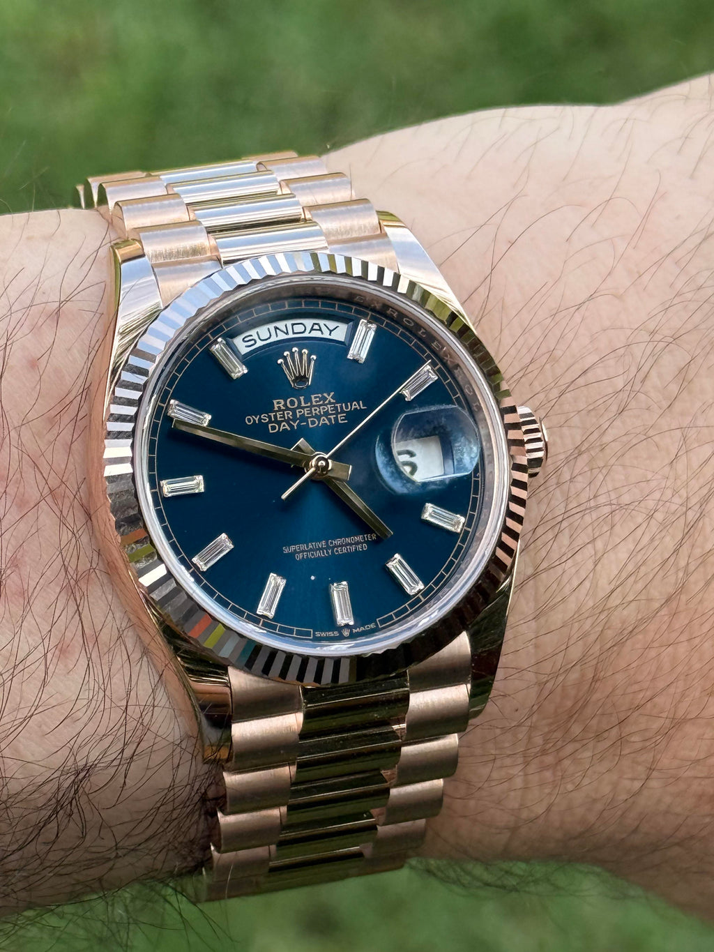 Rolex Oyster Perpetual Day-Date 40 – Green/Blue Dial with Baguette Diamonds