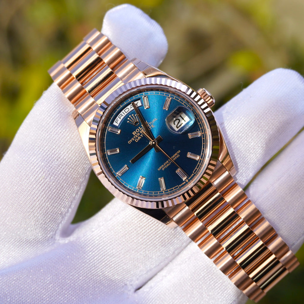 Rolex Oyster Perpetual Day-Date 40 – Green/Blue Dial with Baguette Diamonds