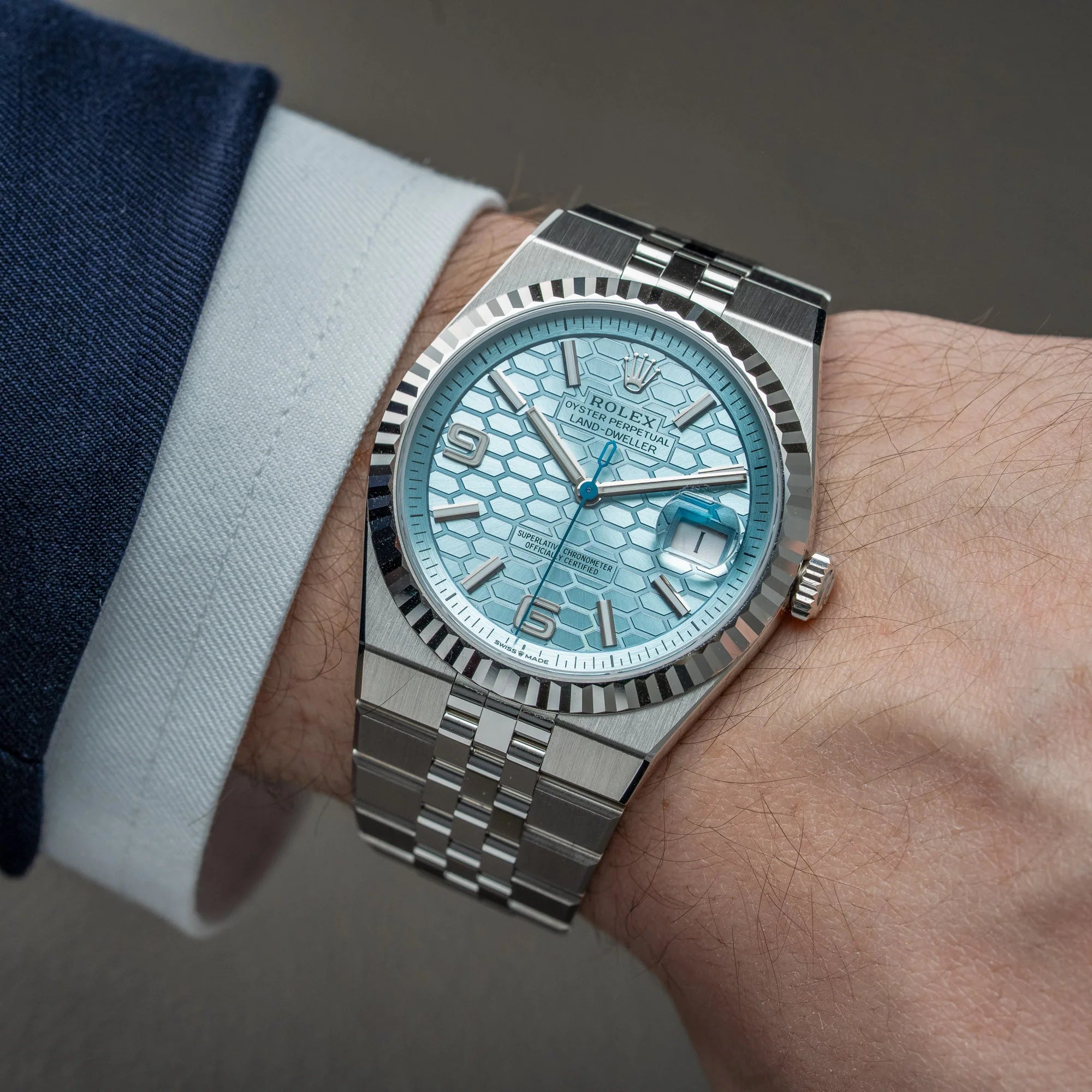 Rolex Oyster Perpetual Land-Dweller – Ice Blue Honeycomb Dial – Fluted Bezel