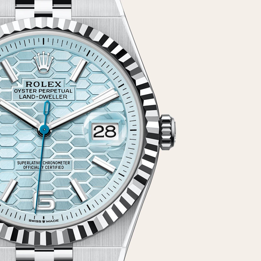 Oyster Perpetual Land-Dweller – Ice Blue Honeycomb Dial – Fluted Bezel