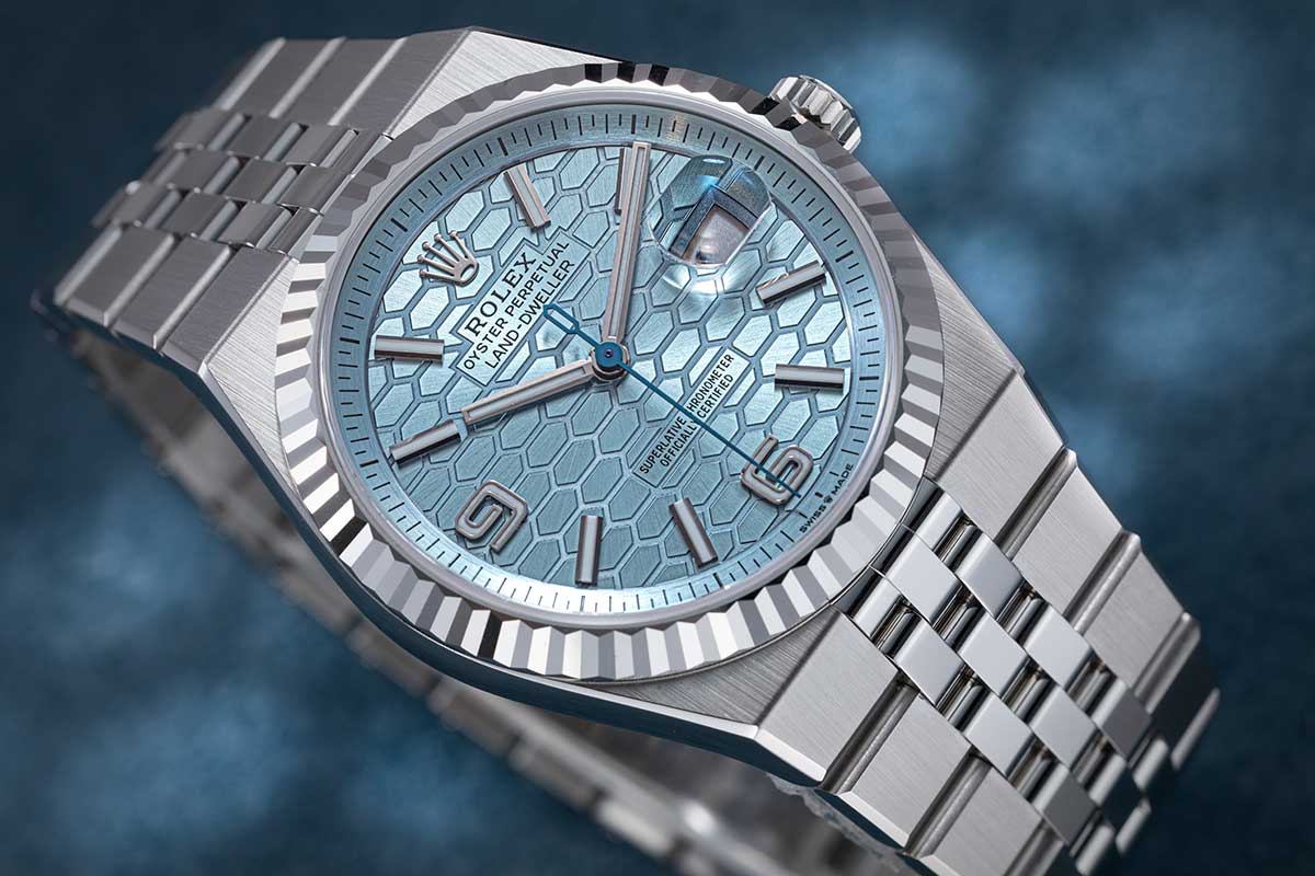 Rolex Oyster Perpetual Land-Dweller – Ice Blue Honeycomb Dial – Fluted Bezel