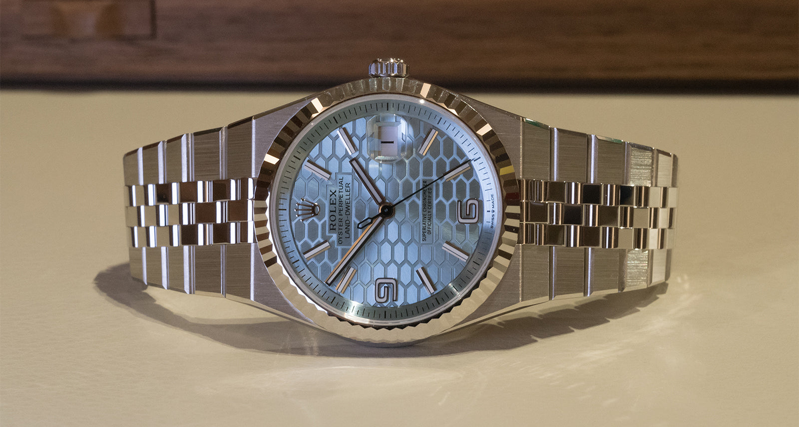 Rolex Oyster Perpetual Land-Dweller – Ice Blue Honeycomb Dial – Fluted Bezel