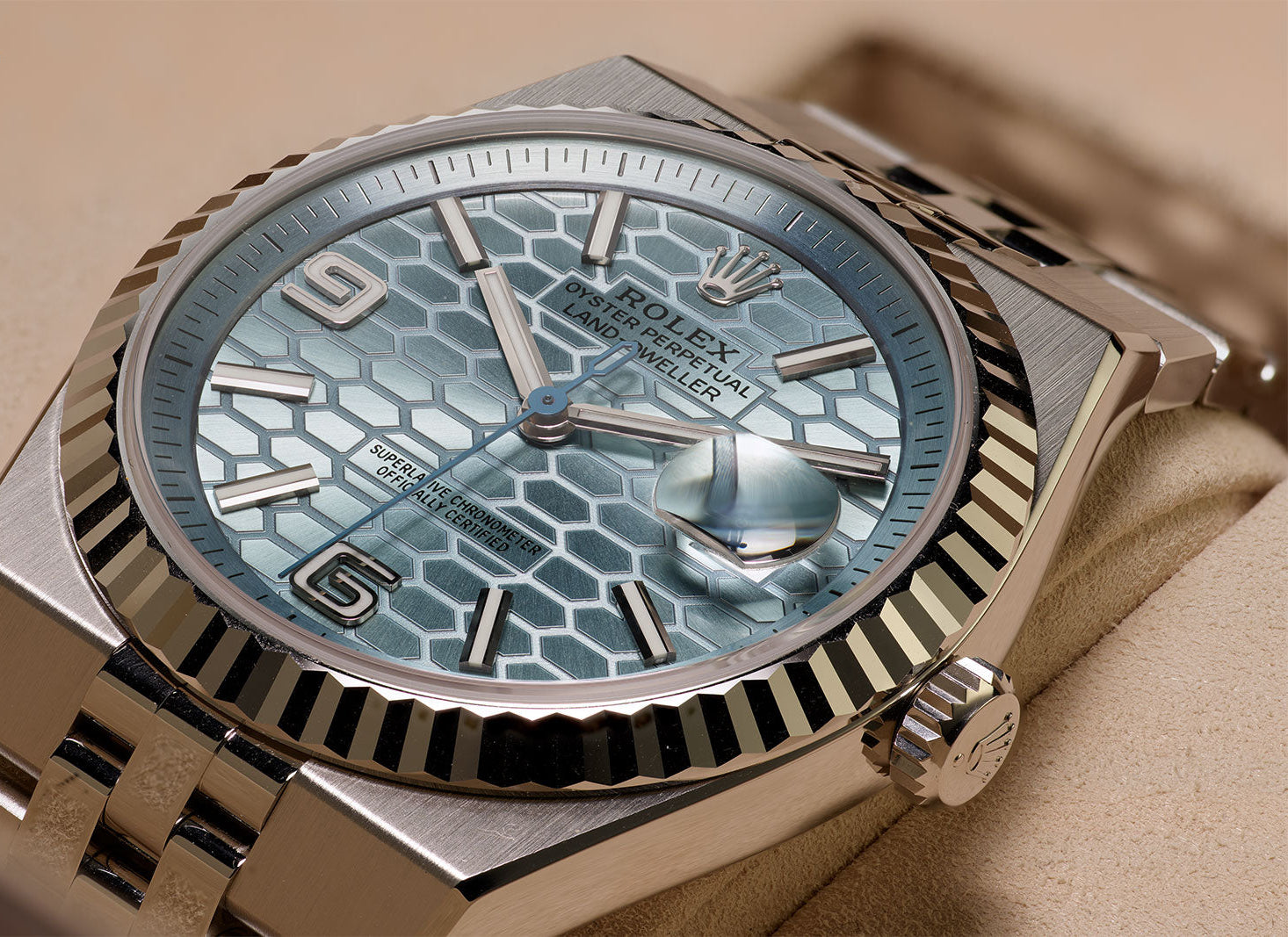 Rolex Oyster Perpetual Land-Dweller – Ice Blue Honeycomb Dial – Fluted Bezel